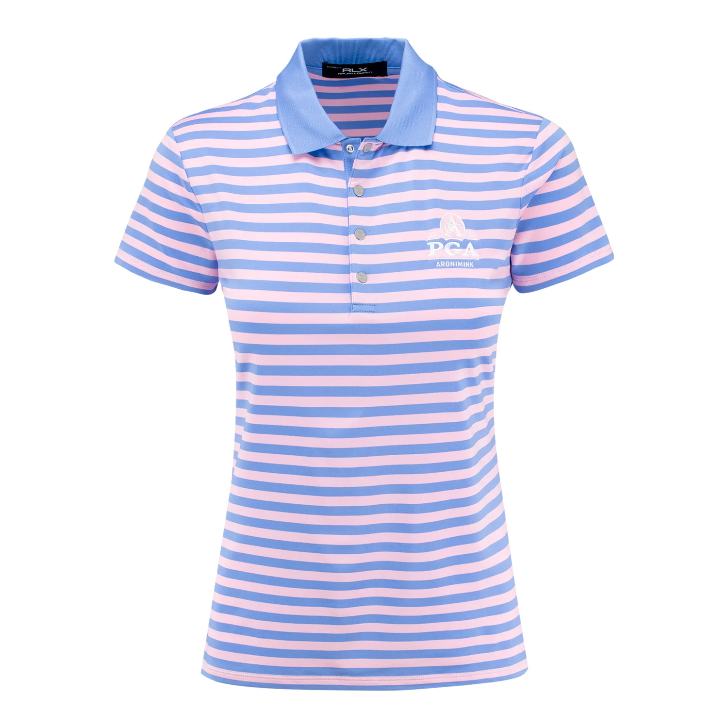 Ralph Lauren 2026 PGA Championship Women's Lightweight Airflow 4-Snap Placket Stripe Polo in Blue Mist and Light Pink